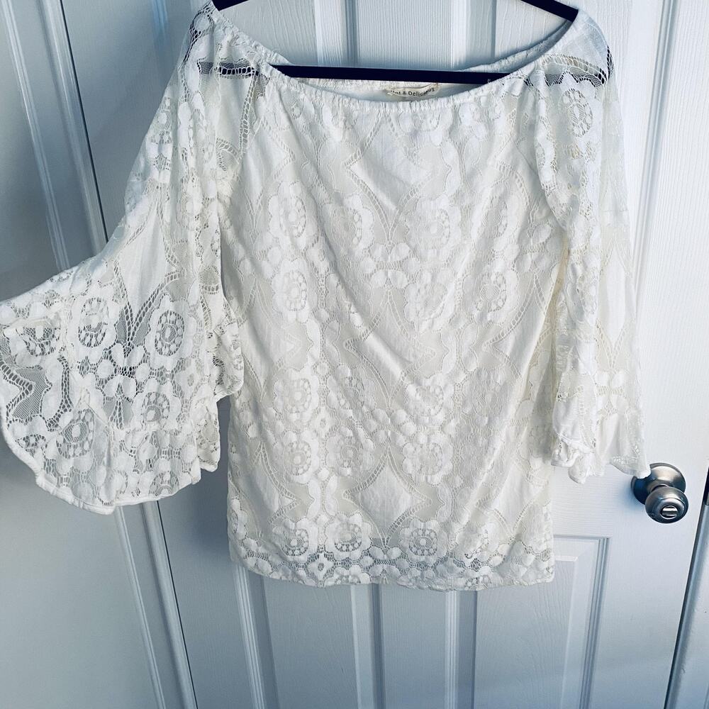 Boho Chic Cowgirl Shirt Womens Large White Lace Off Shoulder Bell Sleeve fairy